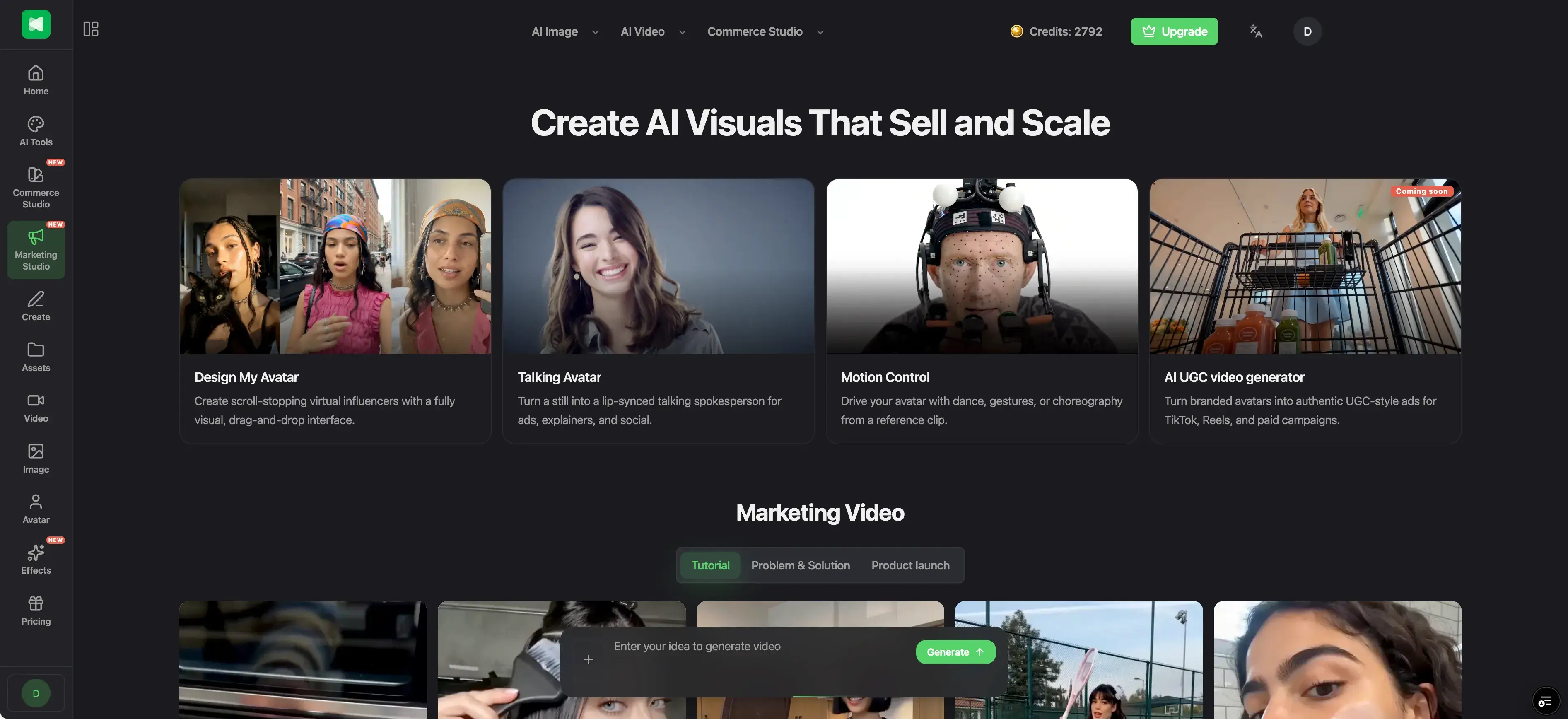 Marketing Studio, showing avatar tools alongside ready made templates for tutorials, problem and solution, product launches, UGC ads, unboxing and before and after