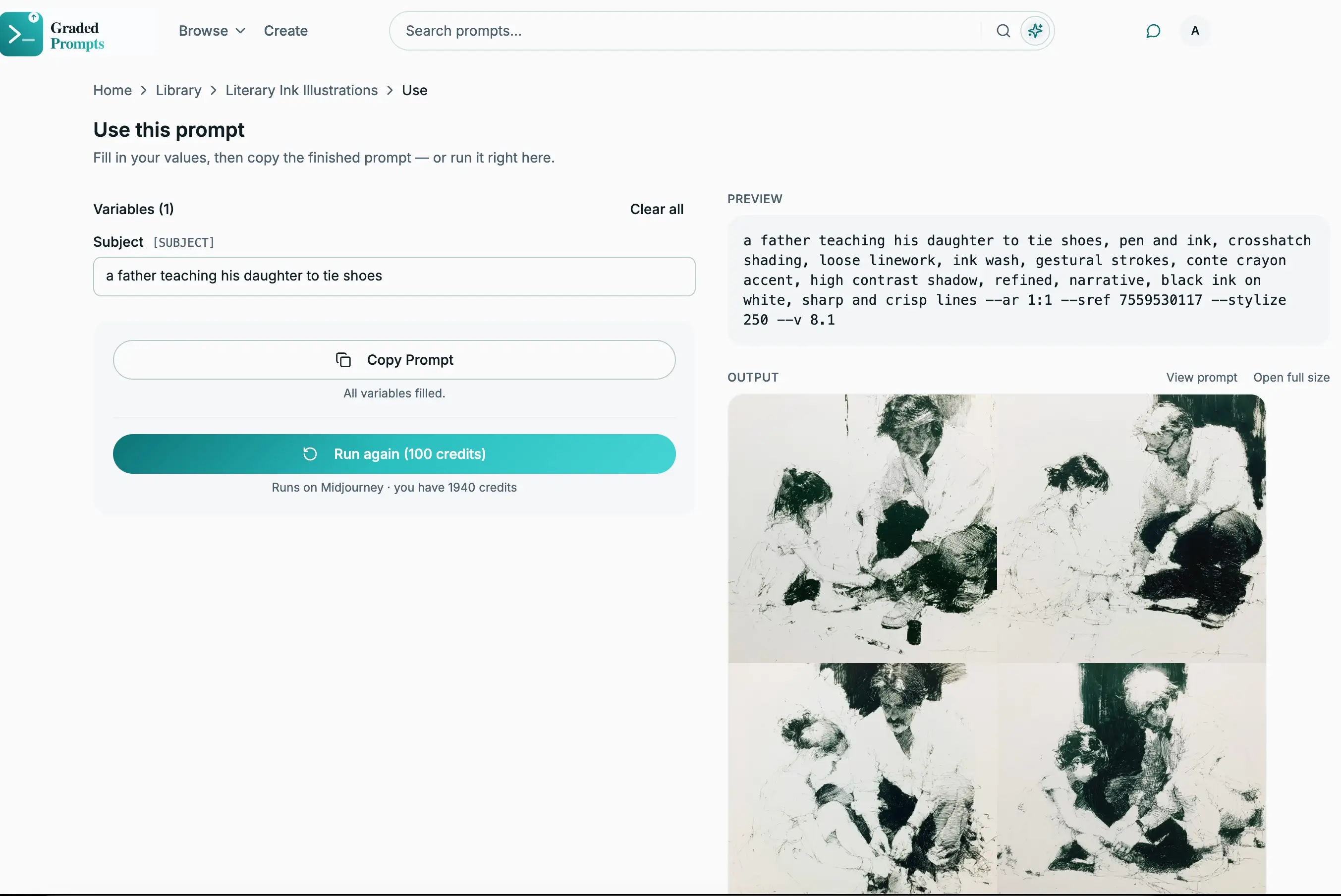 The Use page for a purchased prompt, with a variable filled in, the run cost shown on the button, and generated output in the gallery below