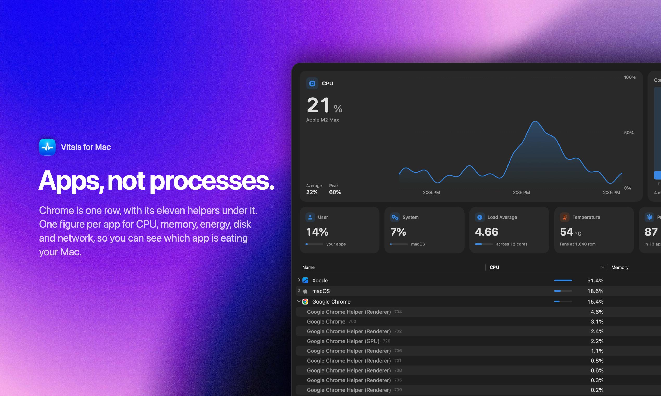 Vitals groups every process under the app that launched it