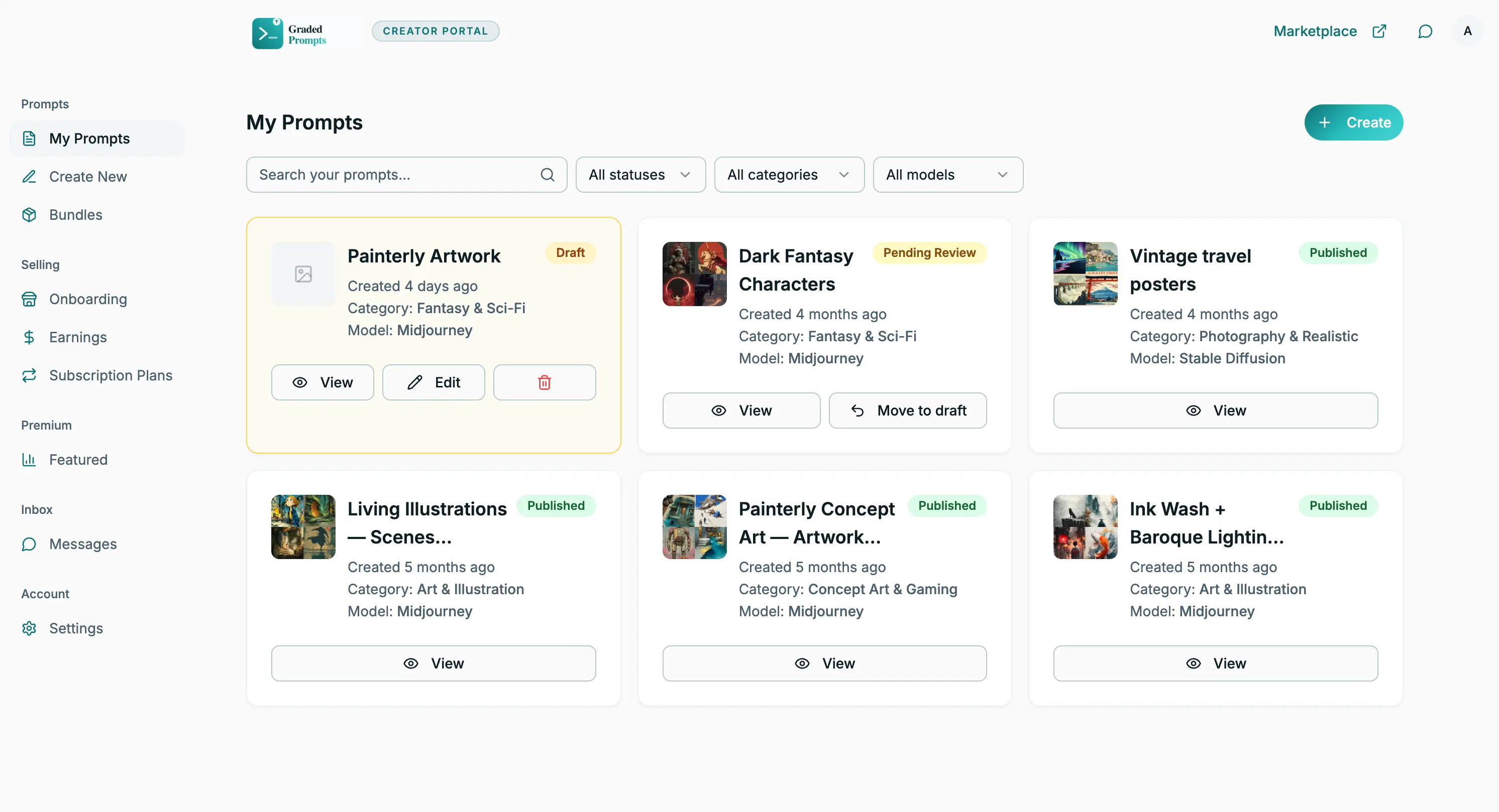 The creator portal showing listings marked as draft, pending review and published, with earnings, subscription plans and messages in the sidebar
