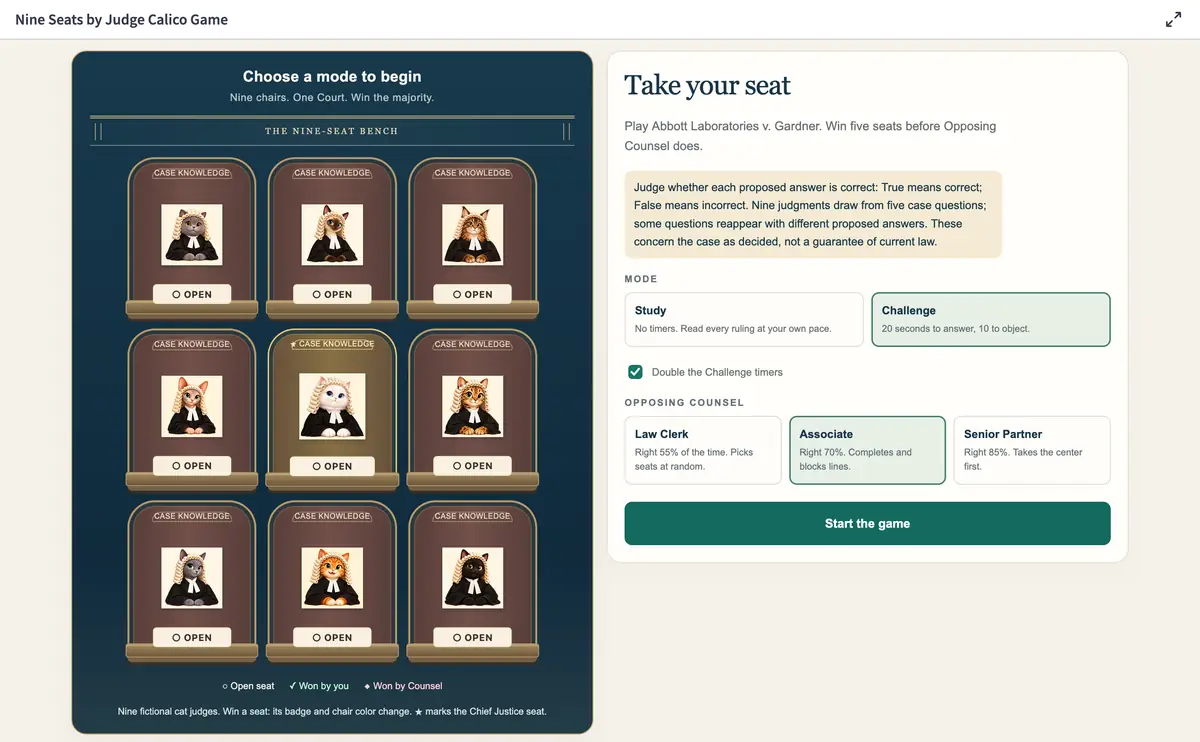 Nine Seats by Judge Calico, a case-law game with nine cat judges