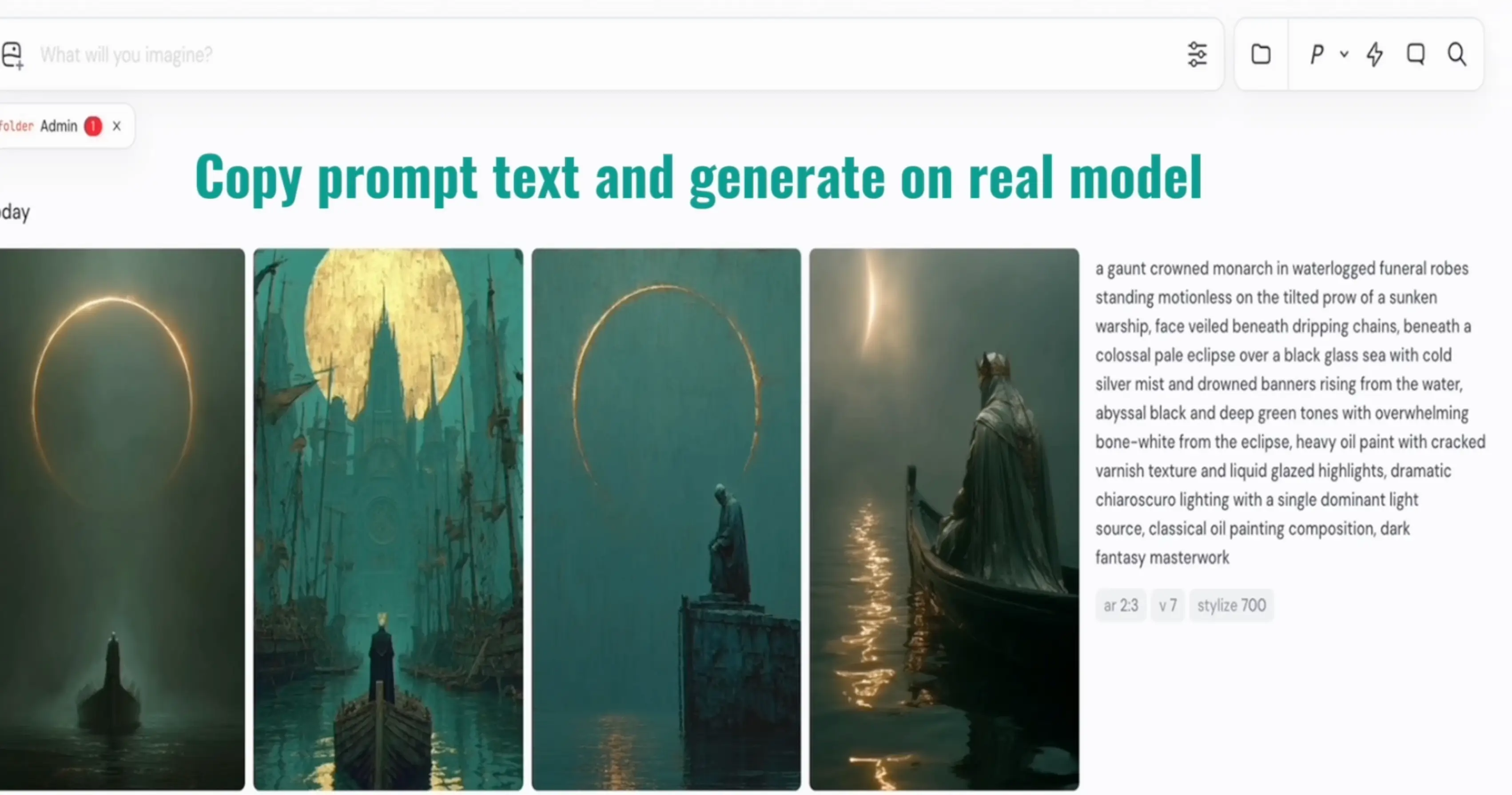 A reviewer running a submitted prompt on Midjourney during the grading process, with the generated images beside the full prompt text