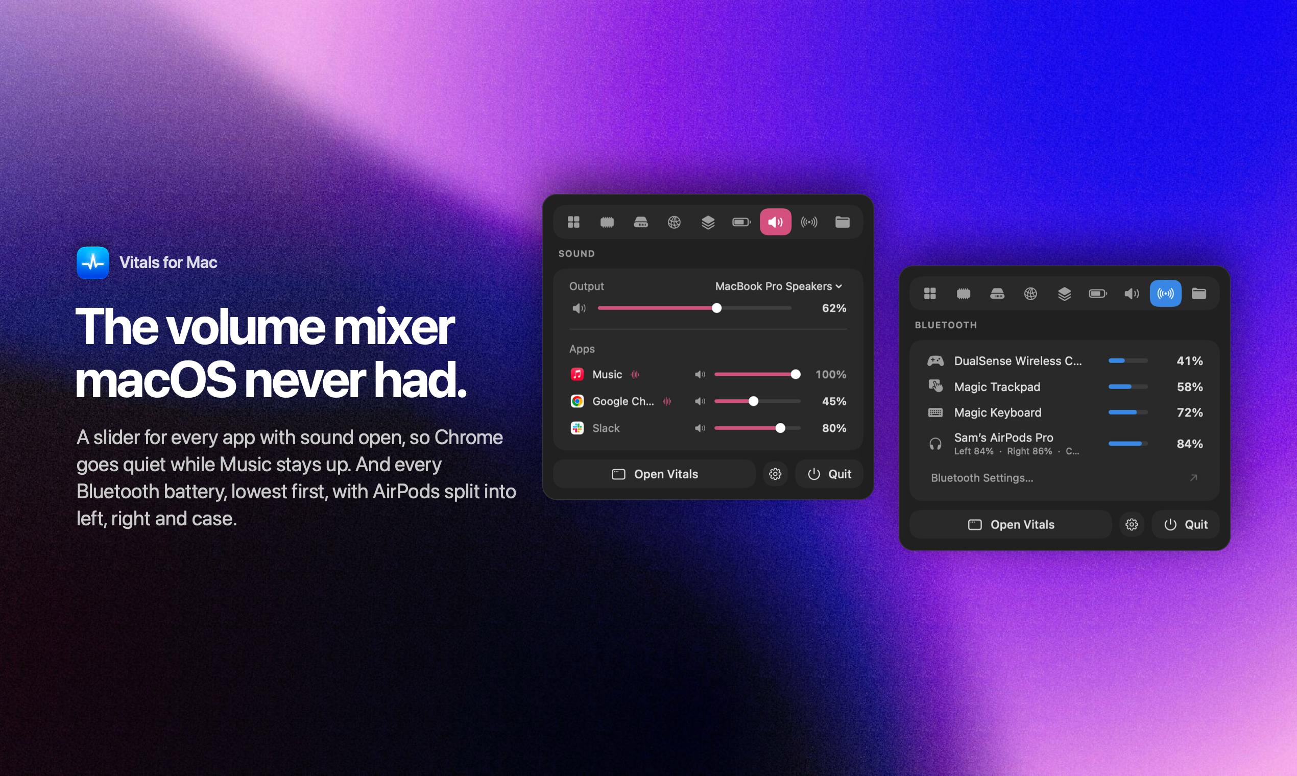Vitals features: app drawer, history, projects, menu bar, sound and Bluetooth