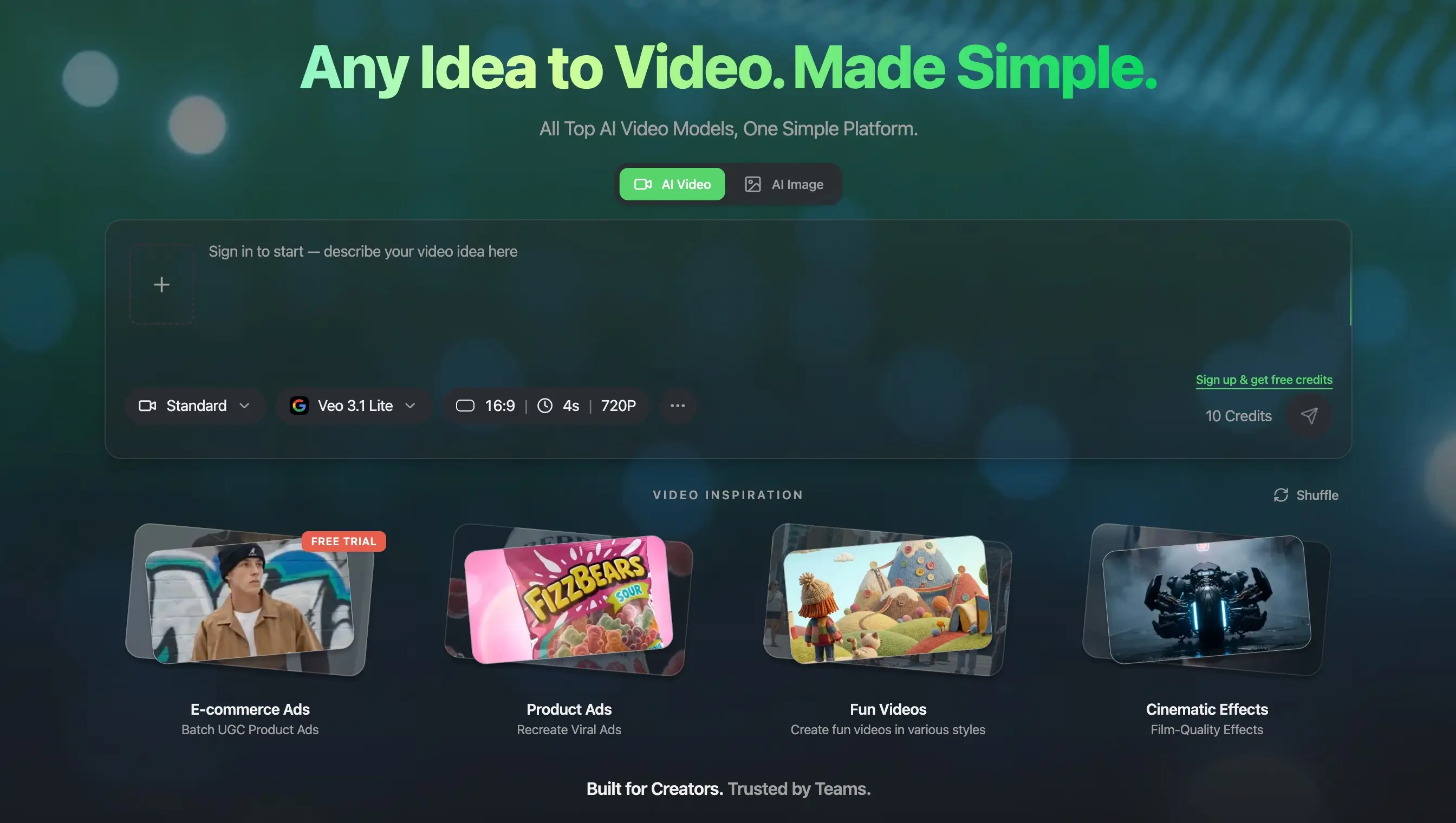 The Anyvids home page, where you describe what you want and pick a starting point
