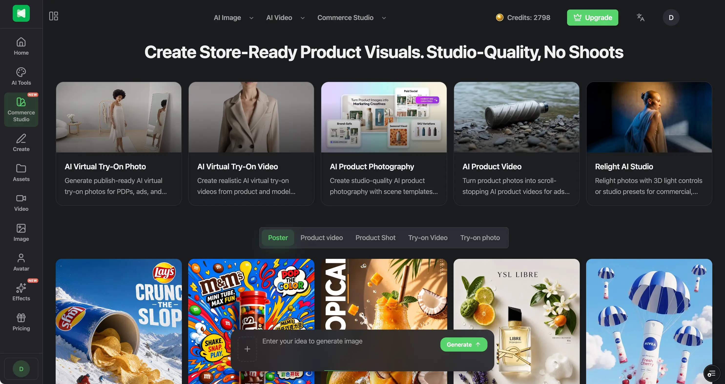 Commerce Studio, showing virtual try-on, AI product photography, product video, relighting and commercial poster tools in one place