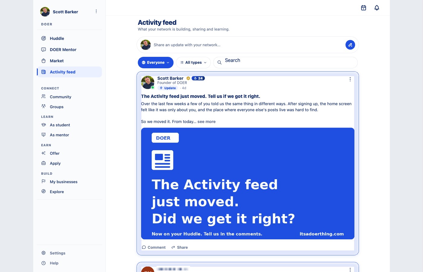 The DOER feed, with no sponsored or boosted posts