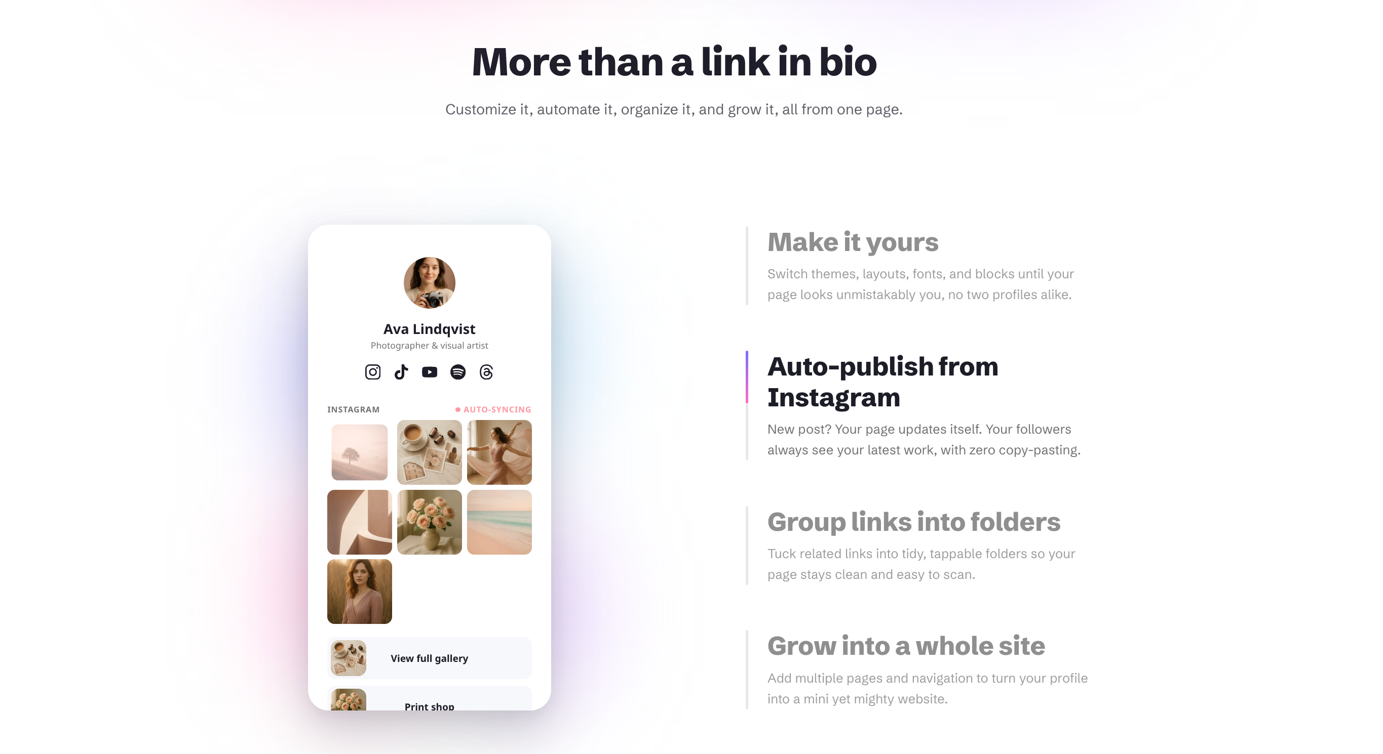 The Liinks homepage, showing a live page with Instagram posts syncing in alongside the folders and multi-page features
