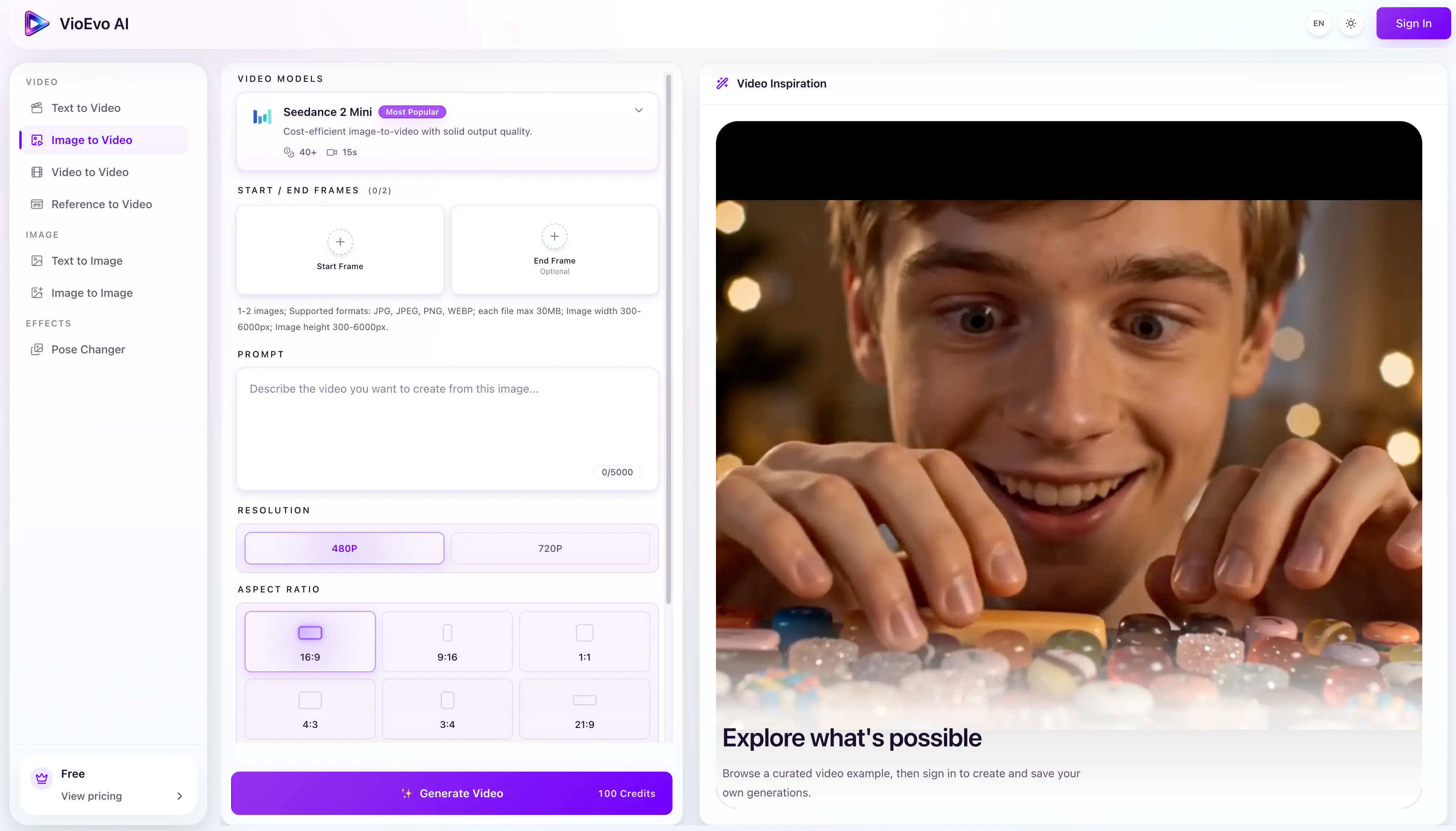 The image to video page, showing the start and end frame slots, the prompt box and the model options