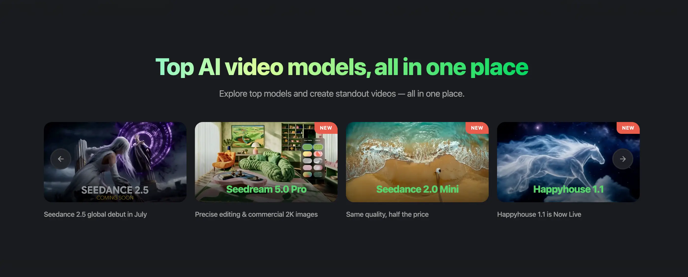 The models available on Anyvids, including Seedance, Kling, Veo, Runway, Wan, Flux and Nano Banana