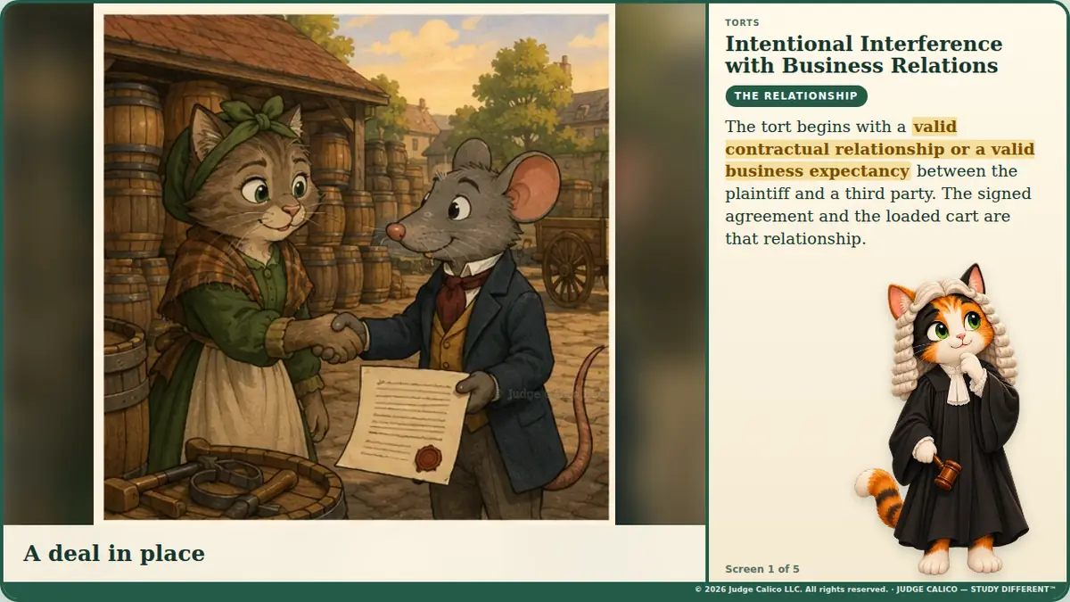 A Torts animated lesson on business relations in Judge Calico