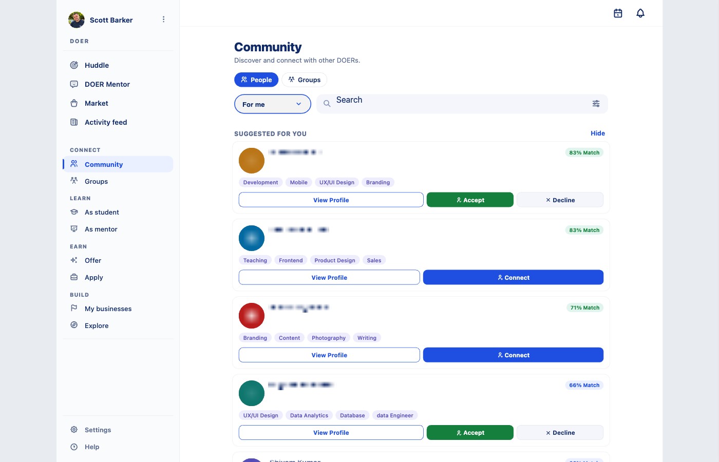 A DOER member profile showing what the member is looking for