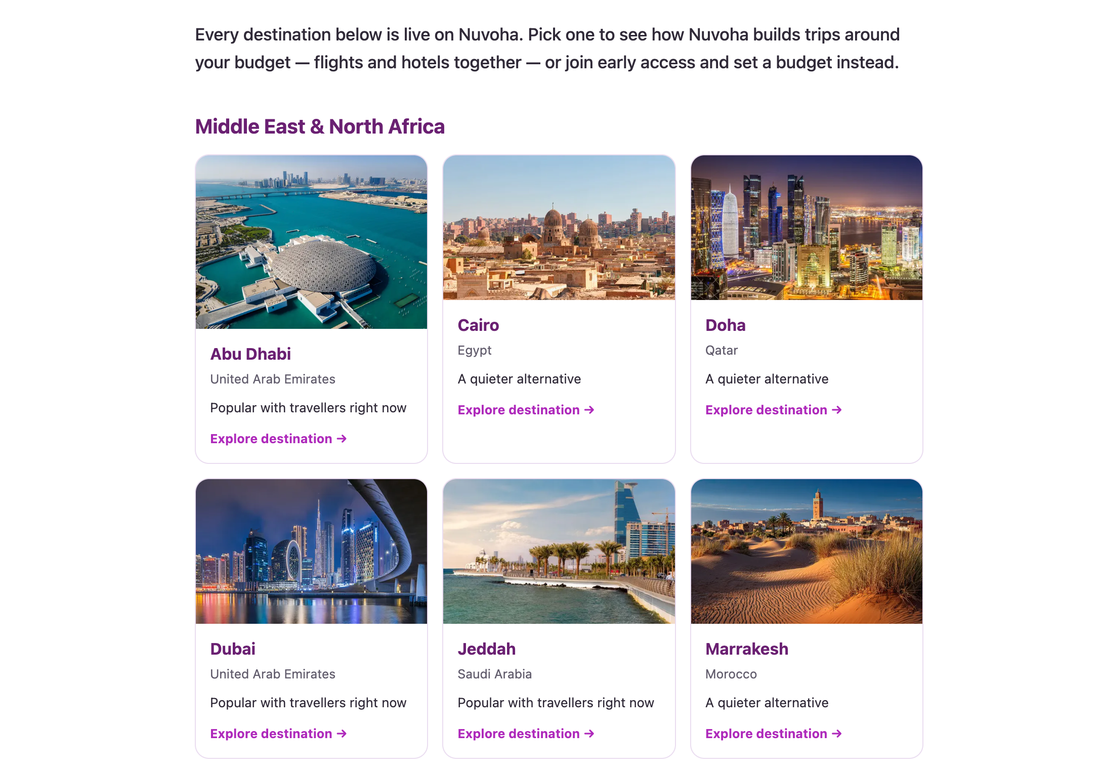 Nuvoha destinations page showing budget-first trip ideas across regions