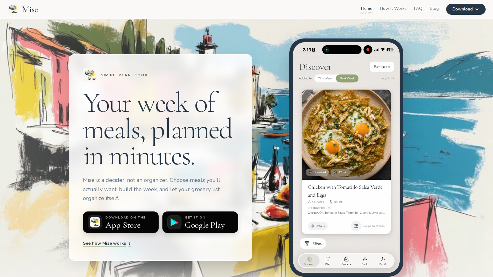 Mise: Meal Plan & Grocery List — Swipe. Plan. Cook.